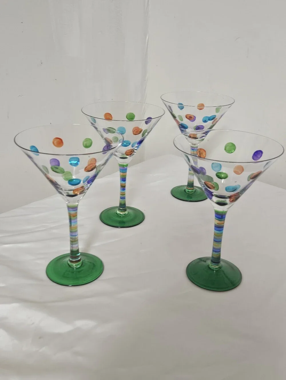 Vintage One Of A Kind Set Of 4 Artisan Made Polka Dot Martini Glasses, Cheers!